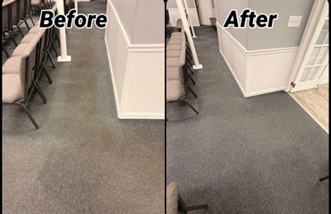 Before and after carpet cleaning transformation in a room with chairs.