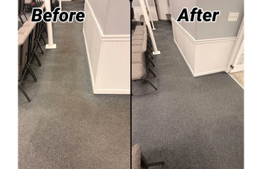Before and after carpet cleaning showing a cleaner floor.