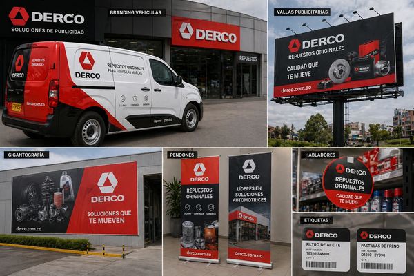 Various DERCO advertising mediums including vehicle branding, billboards, banners, and product labels.