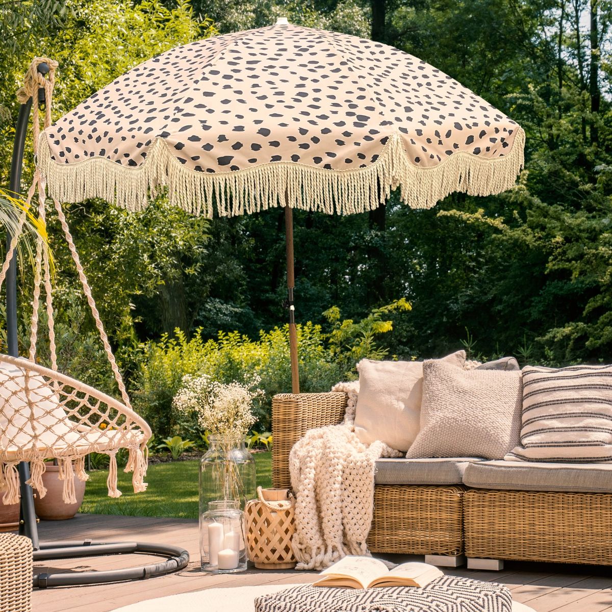 Ecru with Black Spot Large Tassel Fringed Beach and Garden Parasol - Back  in stock 1st week