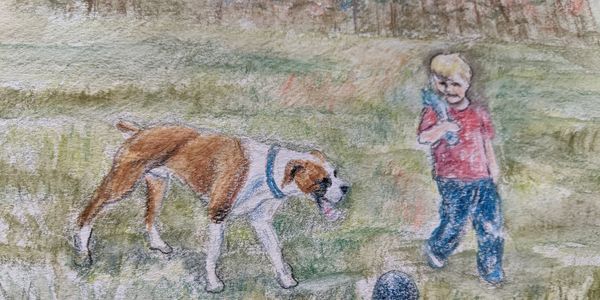 Best Friends, mixed media, 2021.  Commissioned portrait by Lorna Vincent