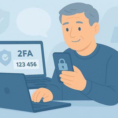 Older man setting up 2FA on laptop and smartphone, with a security lock symbol.