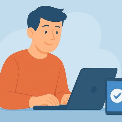 Illustration of a young man updating his laptop, with a smartphone nearby and a progress checkmark.