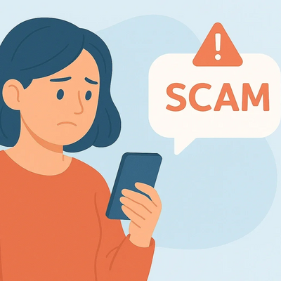 Concerned woman receiving a scam alert on her phone.