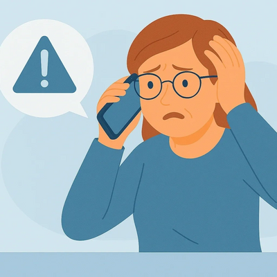 Woman on a phone call looking worried, symbolising a scam or fraudulent phone threat.