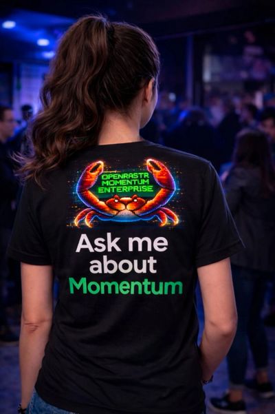 Person wearing a black shirt promoting Momentum with a crab graphic.