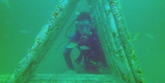 Carly Hylen scuba dives on an artificial reef