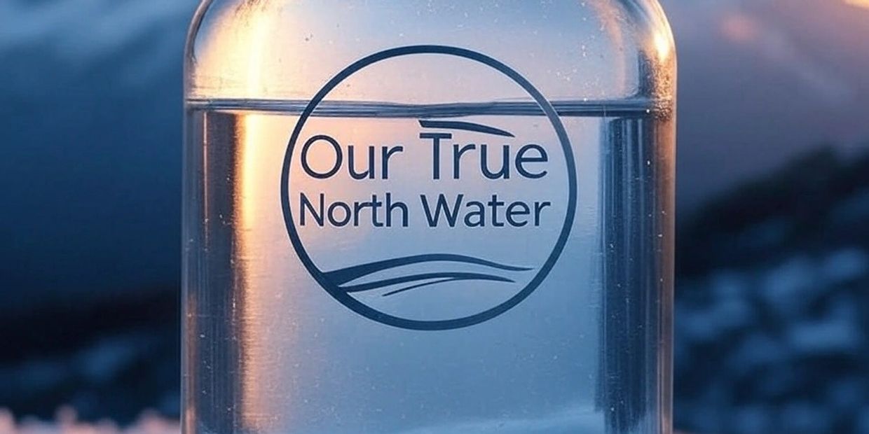 Front view of a glass bottle of water with logo