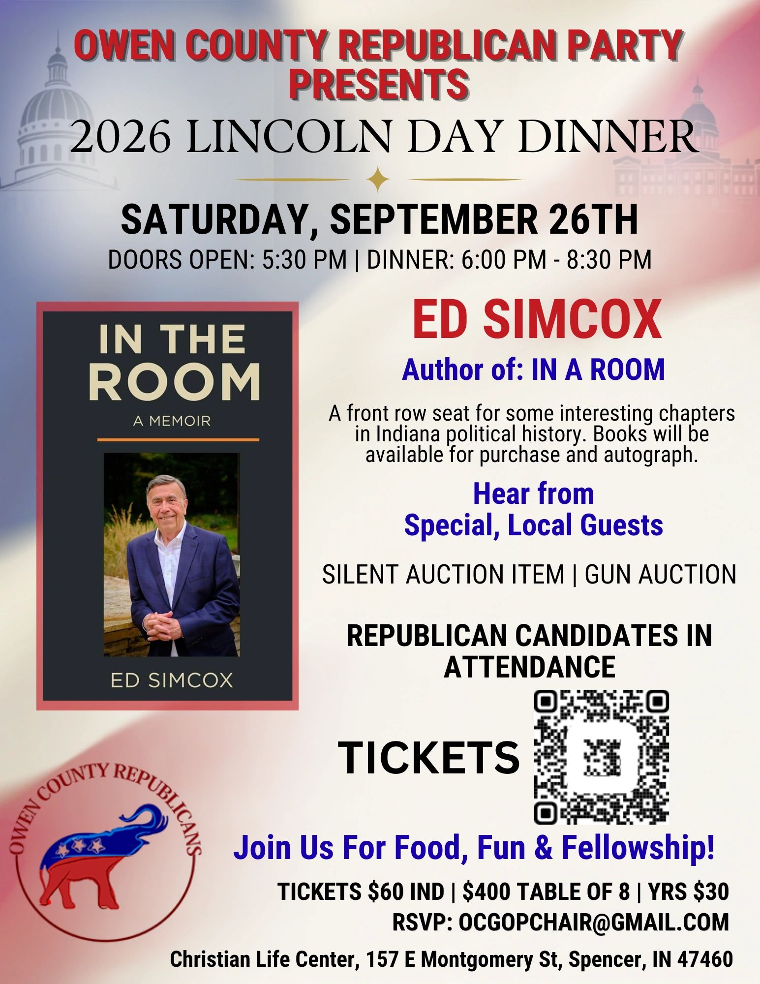 Flyer for Owen County Republican Party's 2026 Lincoln Day Dinner featuring Ed Simcox.
