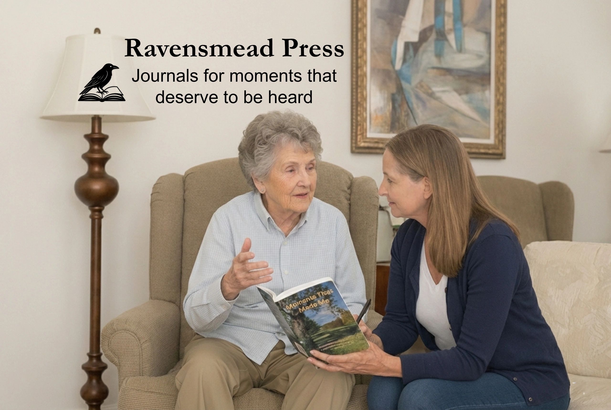 Elderly woman sharing stories with a younger woman using a journal from Ravensmead Press.