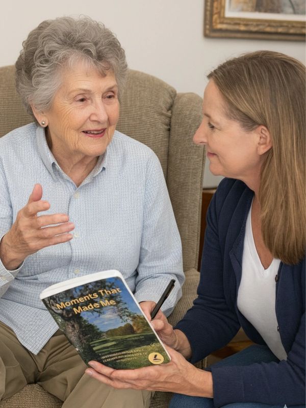 An elderly woman shares memories with a younger woman holding a journal.