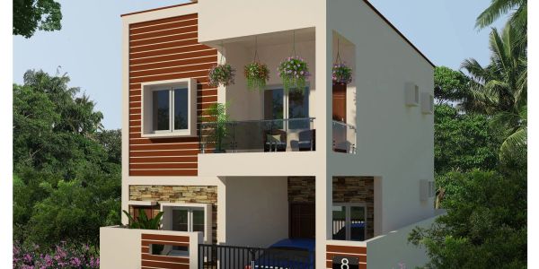 Modern two-story house with balcony and hanging plants.