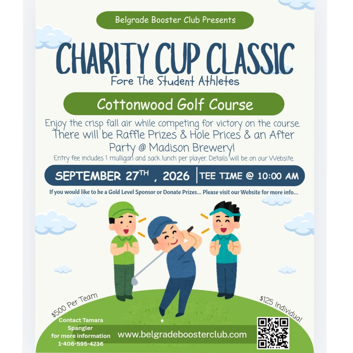 Charity golf event hosted by Belgrade Booster Club on Sept 27, 2026, with raffle prizes and an after-party.