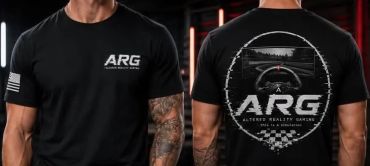 Black ARG t-shirt with logo and racing design on front and back.