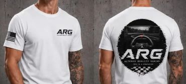 White ARG t-shirt with logo and American flag sleeve patch.