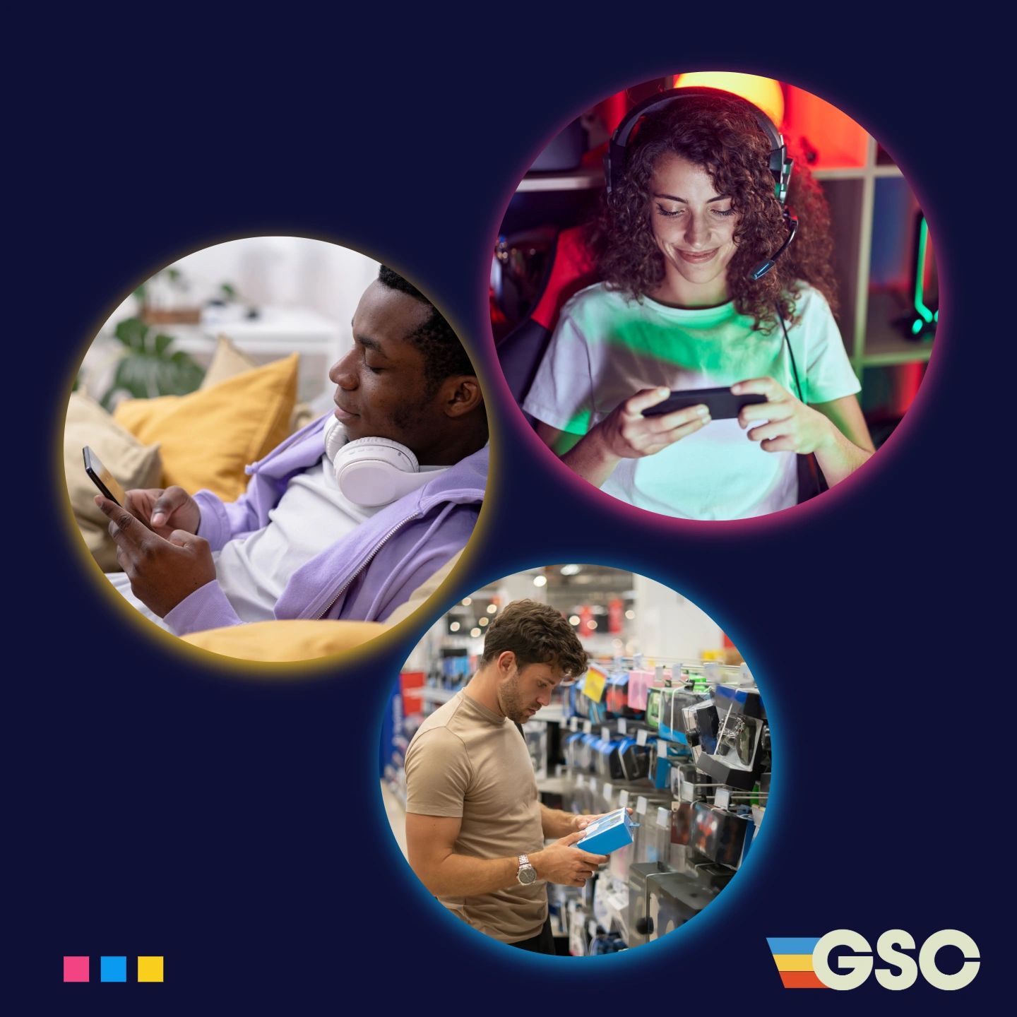Three people engaged with technology in different settings, connected by a digital theme.