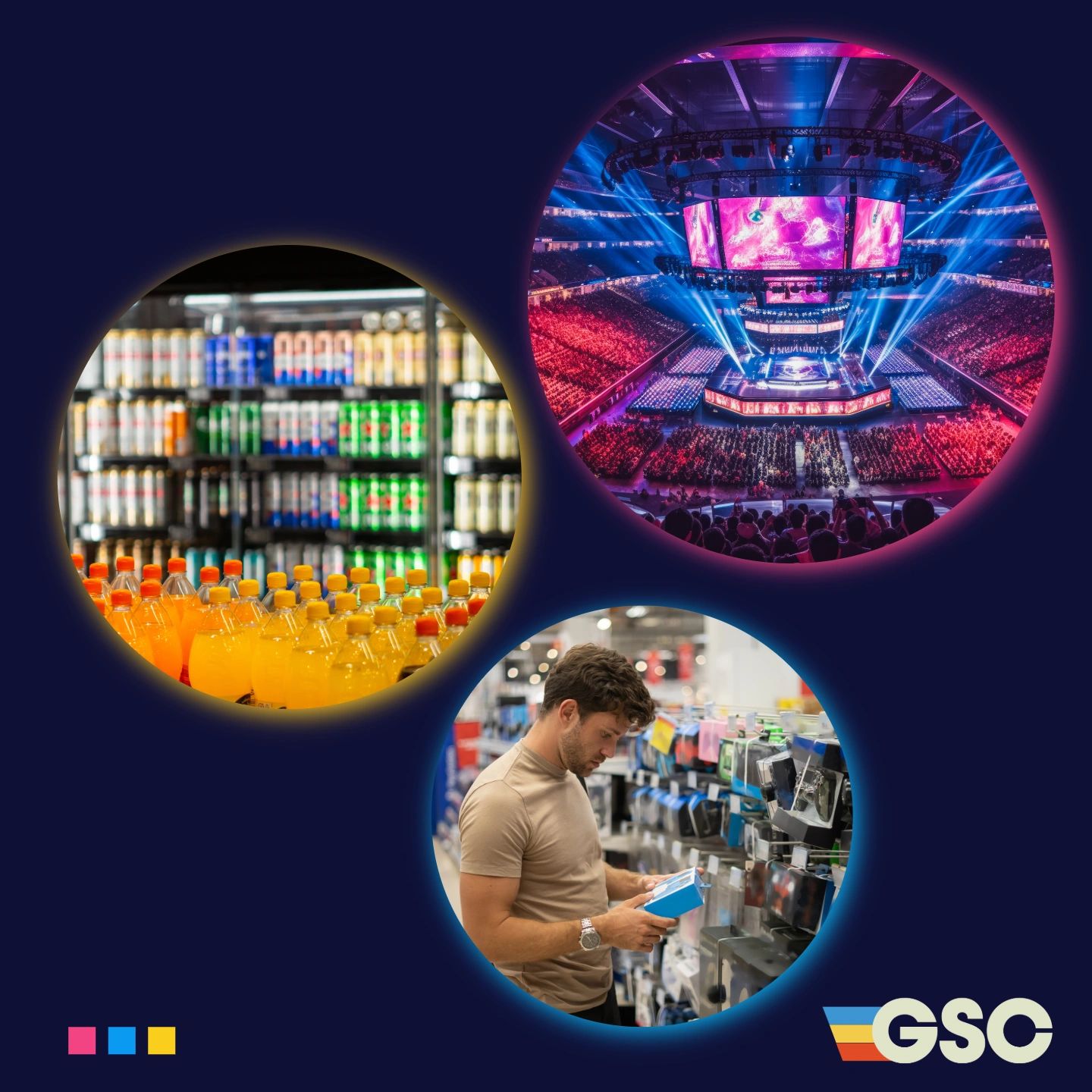 Three circular images showing a crowded arena, a man shopping, and a colorful drink display.