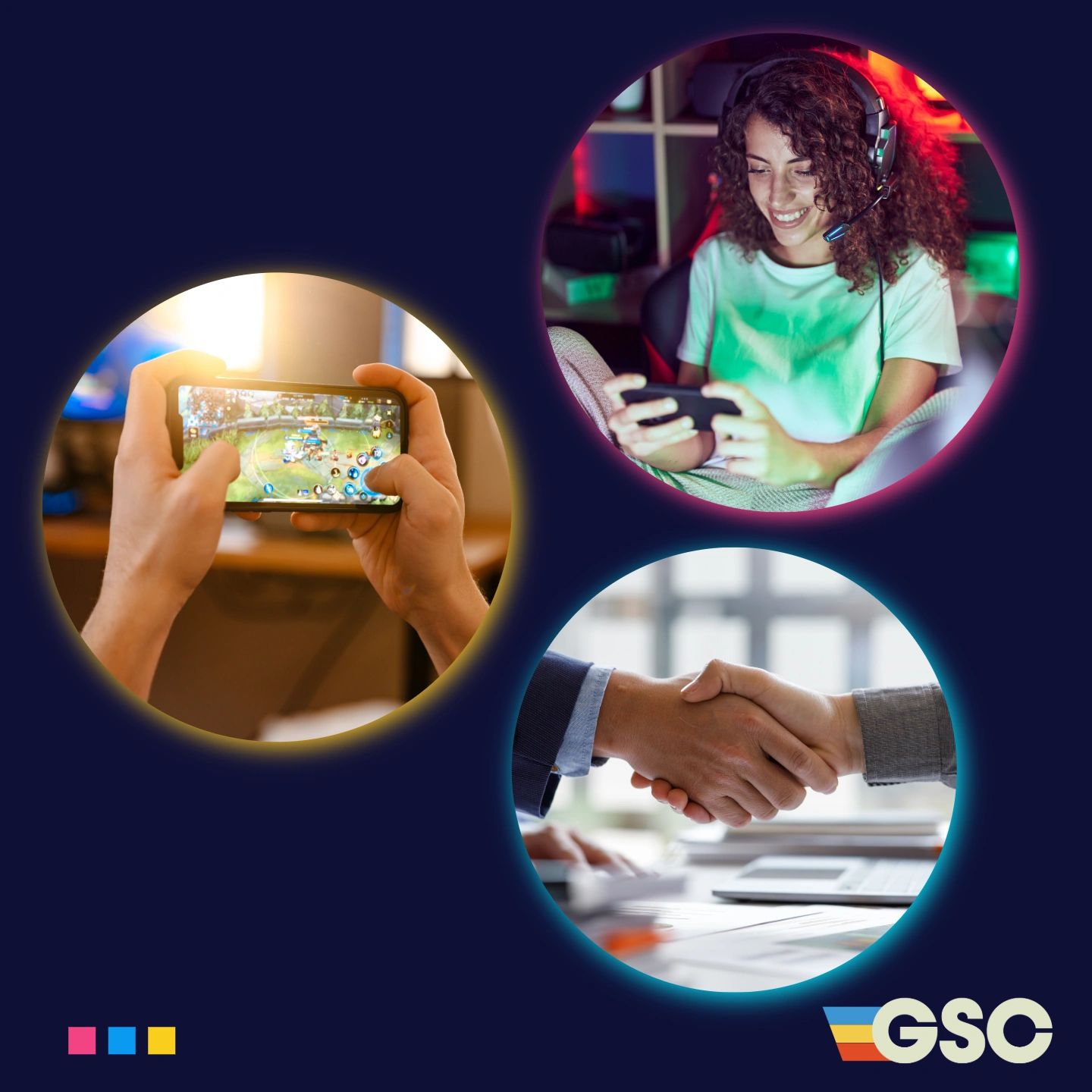 Collage of gaming and business visuals with handshake and gaming scenes.