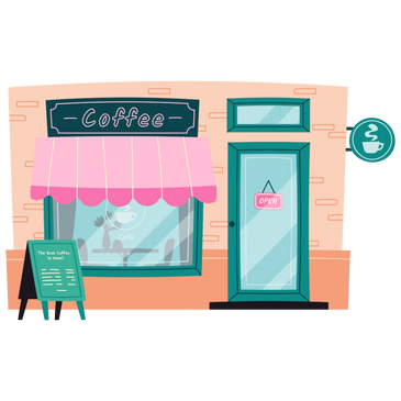 Small coffee shop with pink awning and open sign on door.