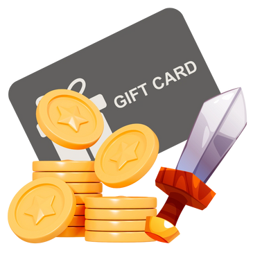 Gift card, gold coins, and a sword icon representing rewards or in-game purchases.