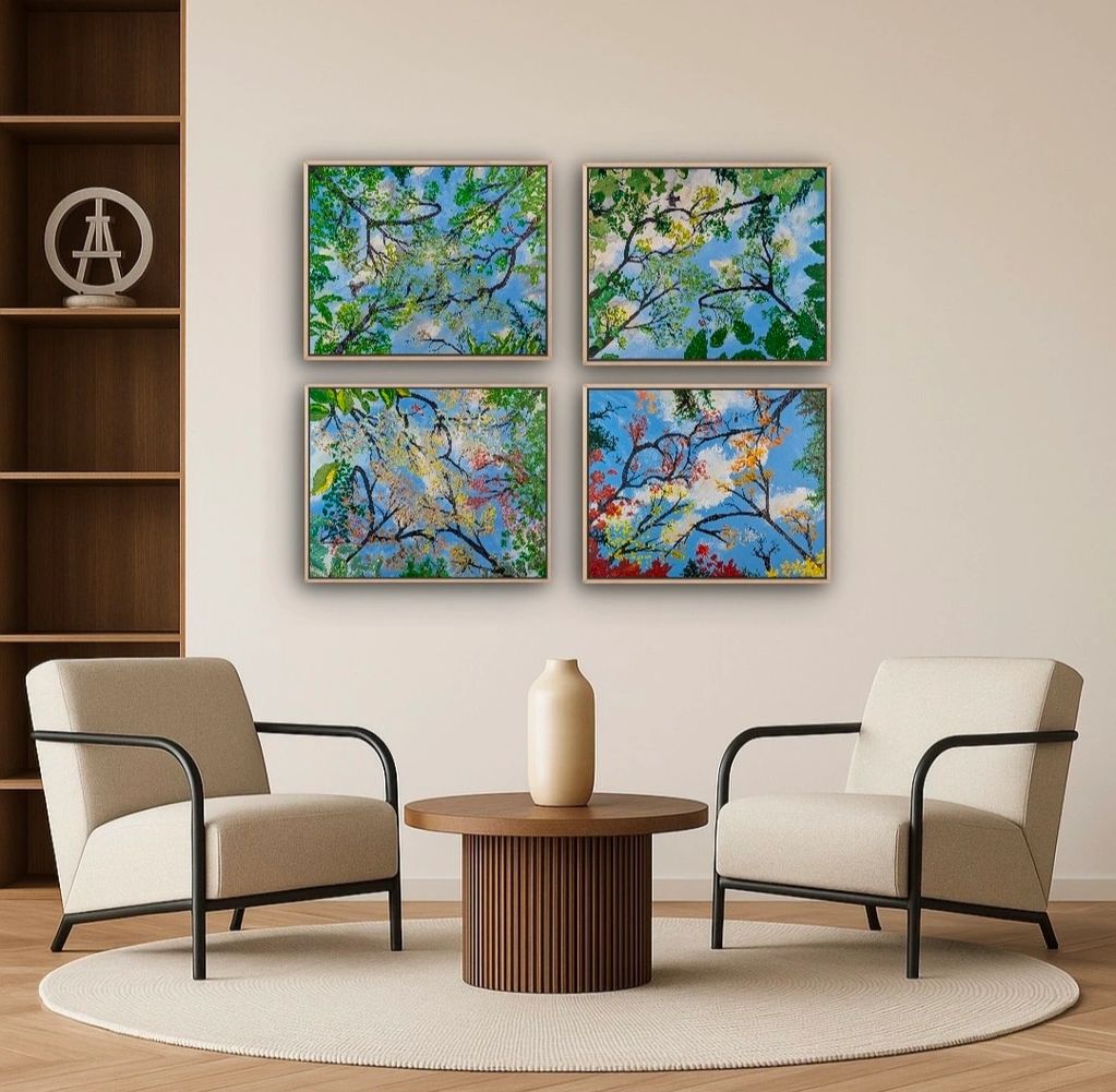 Group of 4 paintings of a tree canopy of summer leaves, Displayed in office space waiting room