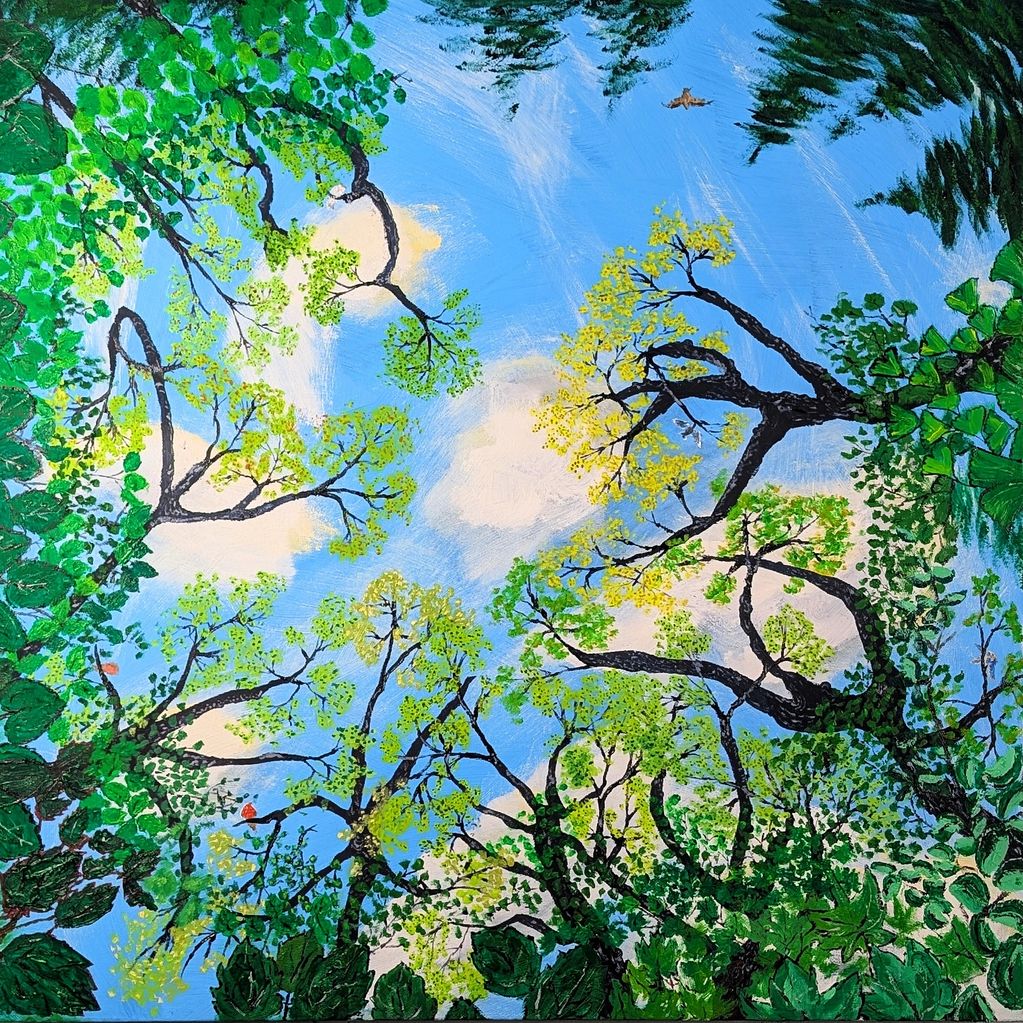 As if lying on one's back, the view skyward through a tree canopy of summer leaves