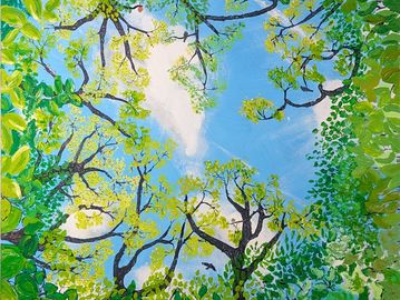Painting of tree branches and leaves against a blue sky with clouds.