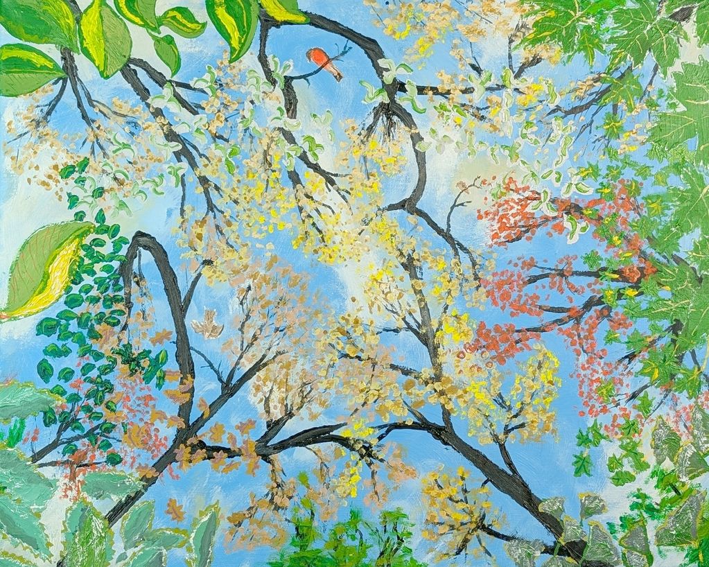 As if lying on one's back, the view skyward through a tree canopy of spring time leaves and flowers