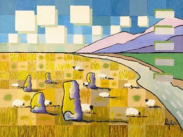 Abstract landscape with geometric shapes, sheep, and colorful hills.