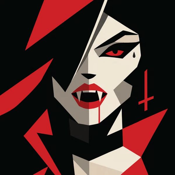 Stylized vampire portrait with red and black geometric shapes.