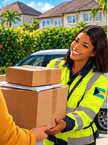 Smiling delivery woman handing packages to customer.