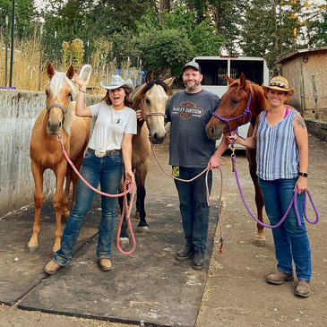 Left to right: Lydia (trainer), Geoff (Owner), and Carrie (Owner and Caretaker) welcoming new horses