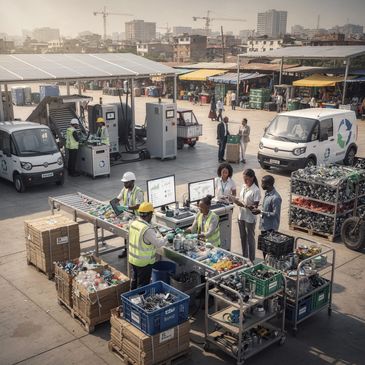 Workers sorting plastic bottles at a recycling center in an urban area.