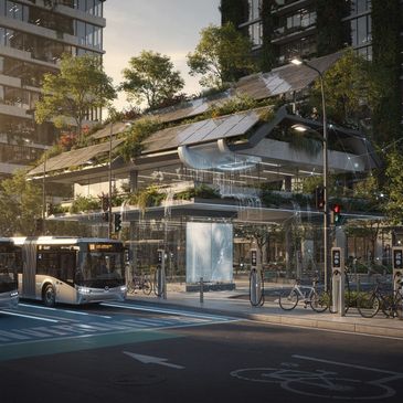 Modern urban bus stop with green rooftop and solar panels.
