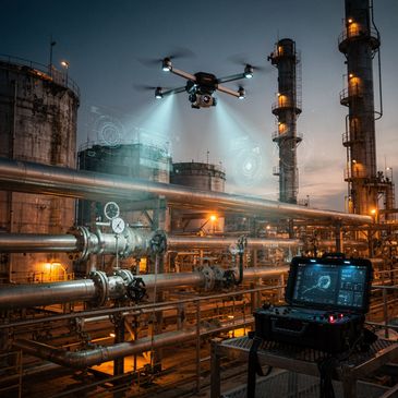 Drone inspecting an industrial refinery with control panel at dusk.