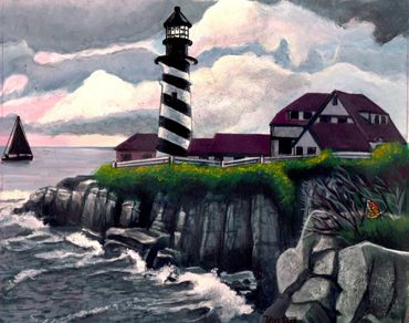 Long Island NY lightouse
sailboat in distance
monarch butterfly n foreground