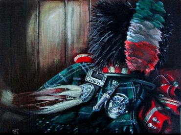 acrylic painting, bagpipes, still life, dress reds, fdny pipe band
