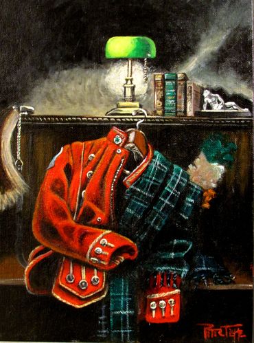 acrylic painting, bagpipes, still life, dress reds, fdny pipe band