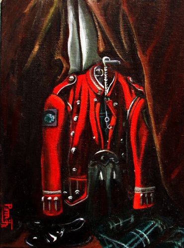 acrylic painting, bagpipes, still life, dress reds, fdny pipe band