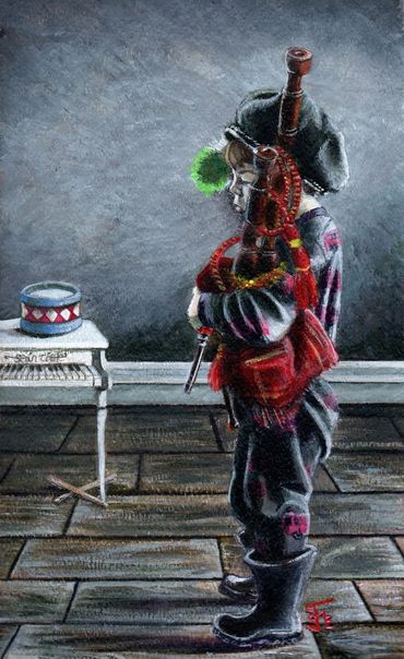 acrylic painting, bagpipes, still life, dress reds, fdny pipe band