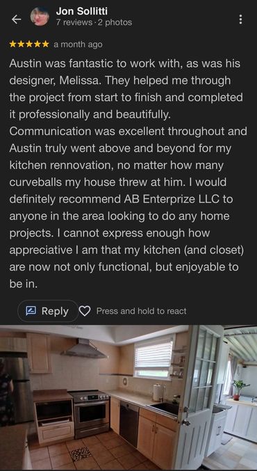 Positive review praising a kitchen renovation by AB Enterprize LLC.