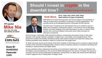 Flyer inviting to a Zoom discussion on crypto investment with CPA Mike Nie and Keith Black.