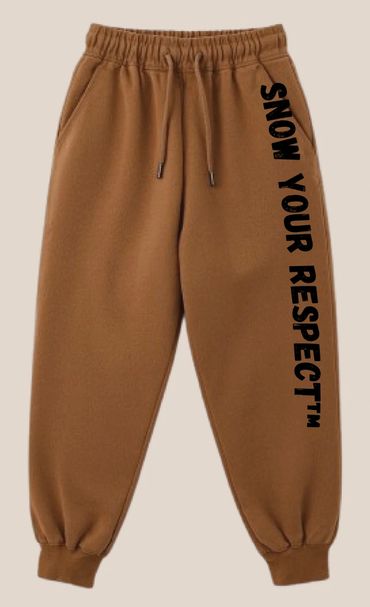 Brown sweatpants with black text saying 'SHOW YOUR RESPECT™' on the right leg.