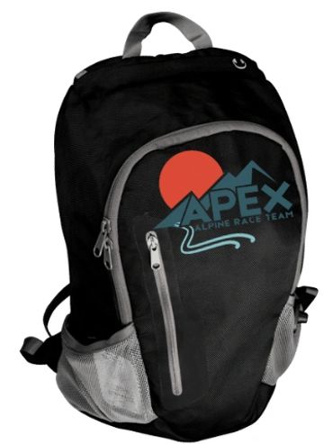 Black backpack with gray accents and a colorful 'APEX Alpine Race Team' logo.