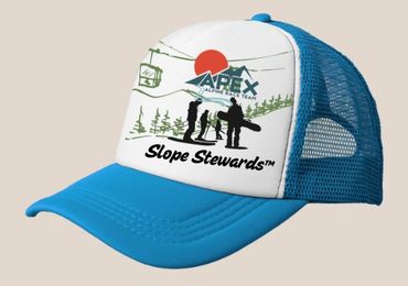 Blue and white trucker hat with ski-themed logo and text.