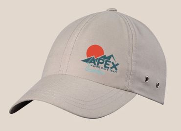 Beige baseball cap with Apex Alpine Race Team logo and mountain design.