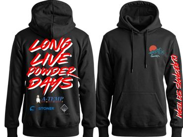Black hoodie with bold red and white text and multiple logos on front and back.