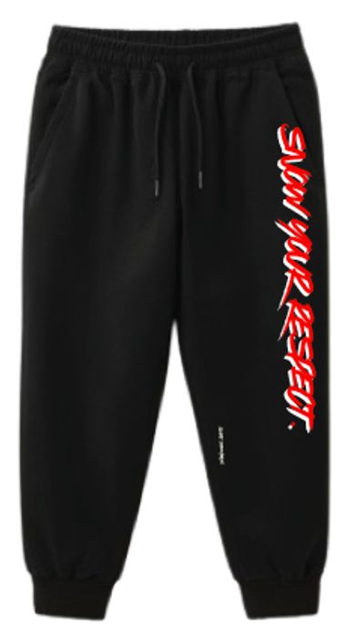 Black jogger pants with red and white 'Show Your Respect' text on the side.