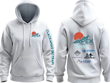 White hoodie with APEX Alpine Race Team logos and sponsors, "Clackamas Ski Team" text on sleeve.