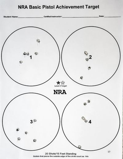An NRA level 2 Basic Pistol Achievement Target showing a successful student qualification.